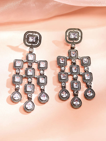 Dhiyona RJ Women's Rhodium Plated Antique Blackish Tone Zirconia Studded Premium Chandelier Earrings