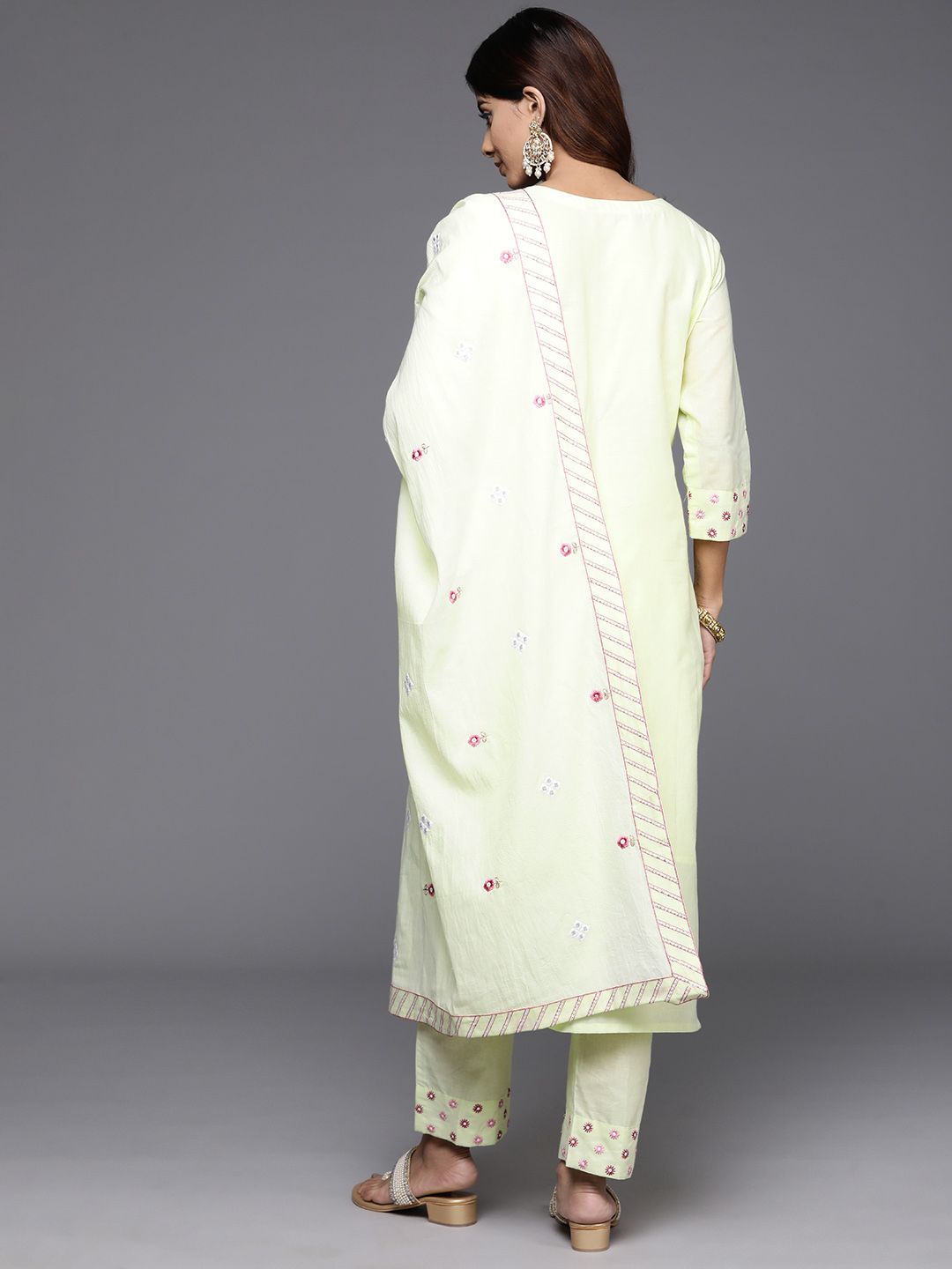 Dhiyona VA Women's Floral Embroidered Regular Mirror Work Pure Cotton Kurta with Trousers & With Dupatta