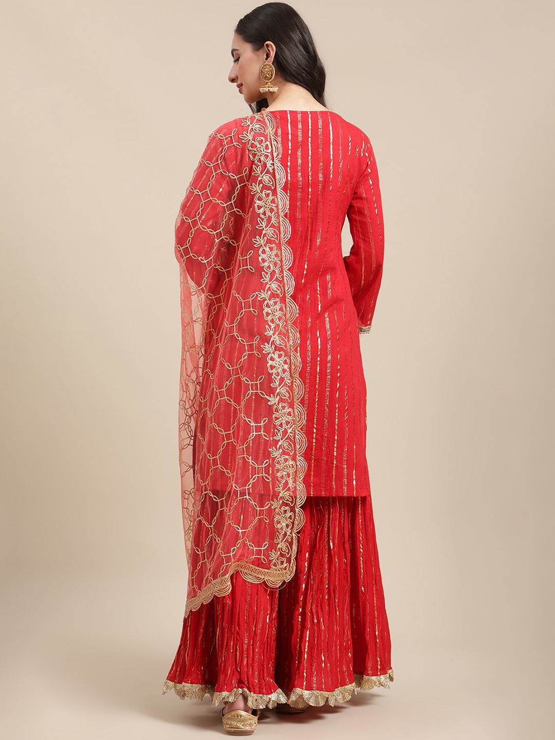 Dhiyona VA Women's Red Embroidered Gotta Patti Kurta with Sharara & With Dupatta
