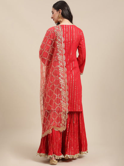 Dhiyona VA Women's Red Embroidered Gotta Patti Kurta with Sharara & With Dupatta