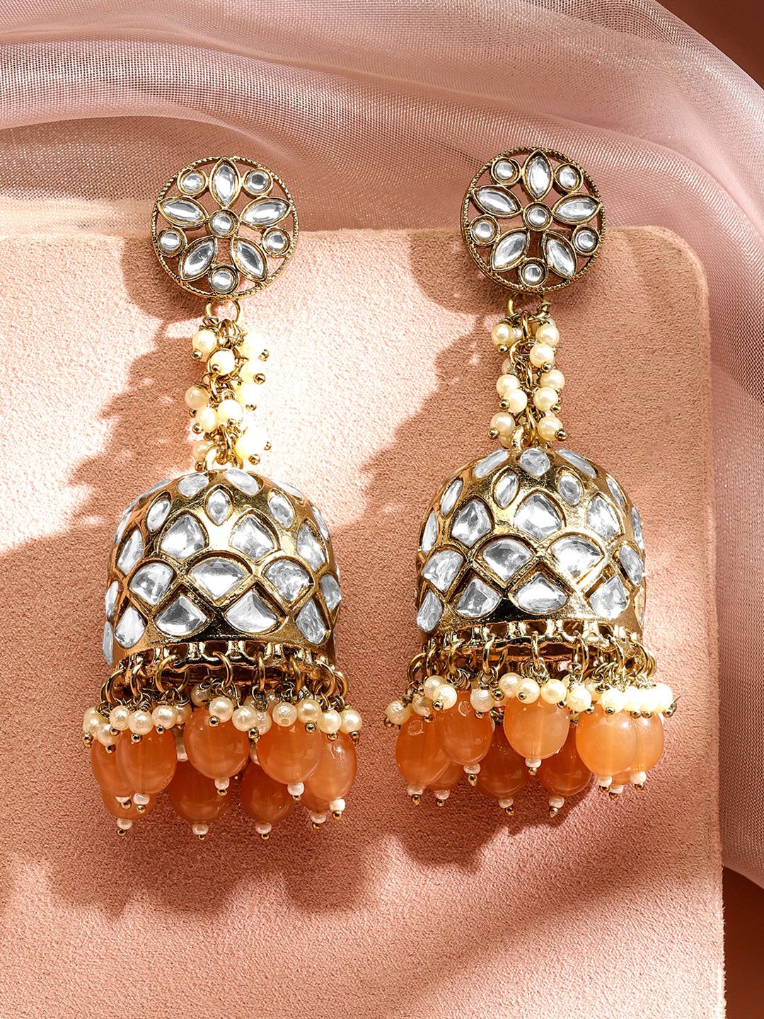 Dhiyona RJ Women's Handcrafted 22K Gold Plated Kundan Studded Dome Jhumka Earrings