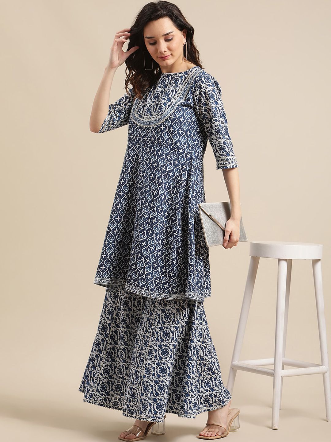 Dhiyona VA Women'sBlue & White Floral Printed Flared Kurta Sharara Set