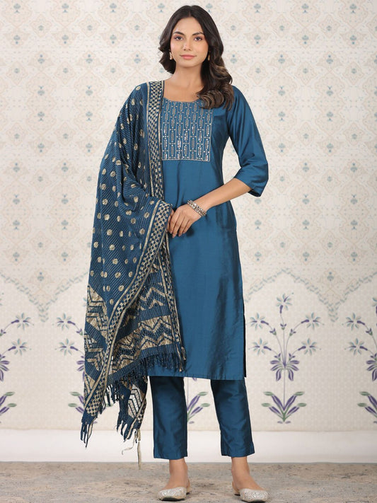 Dhiyona OD  Ethnic Motifs Woven Design Straight Kurta With Trousers & Dupatta