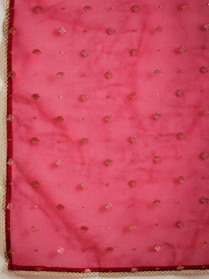 Dhiyona IE Notched Neck Ethnic Motifs Embroidered Liva Kurta with Trouser & Dupatta