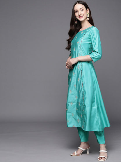 Women Sea Green Floral Embroidered Sequinned Liva Kurta with Trousers & Dupatta
