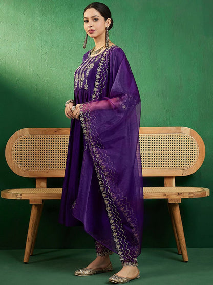 Dhiyona SN Women's Zari Embroidered A-Line Kurta Sets