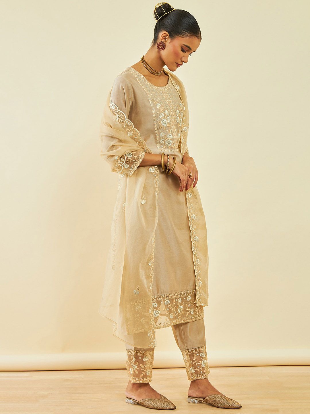 Dhiyona SO Women's Floral Embroidered Sequinned Chanderi Silk Straight Kurta With Trousers & Dupatta