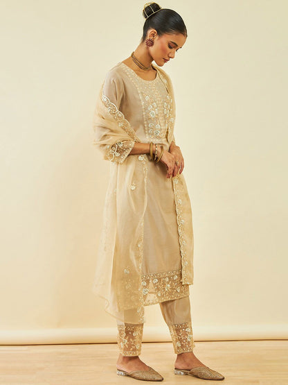 Dhiyona SO Women's Floral Embroidered Sequinned Chanderi Silk Straight Kurta With Trousers & Dupatta