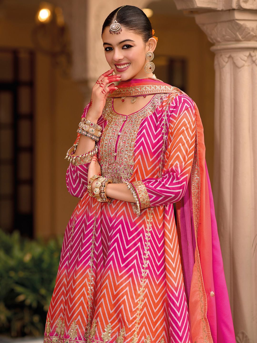 Chevron Printed Sequinned Round Neck A-Line Kurta With Palazzos & Dupatta