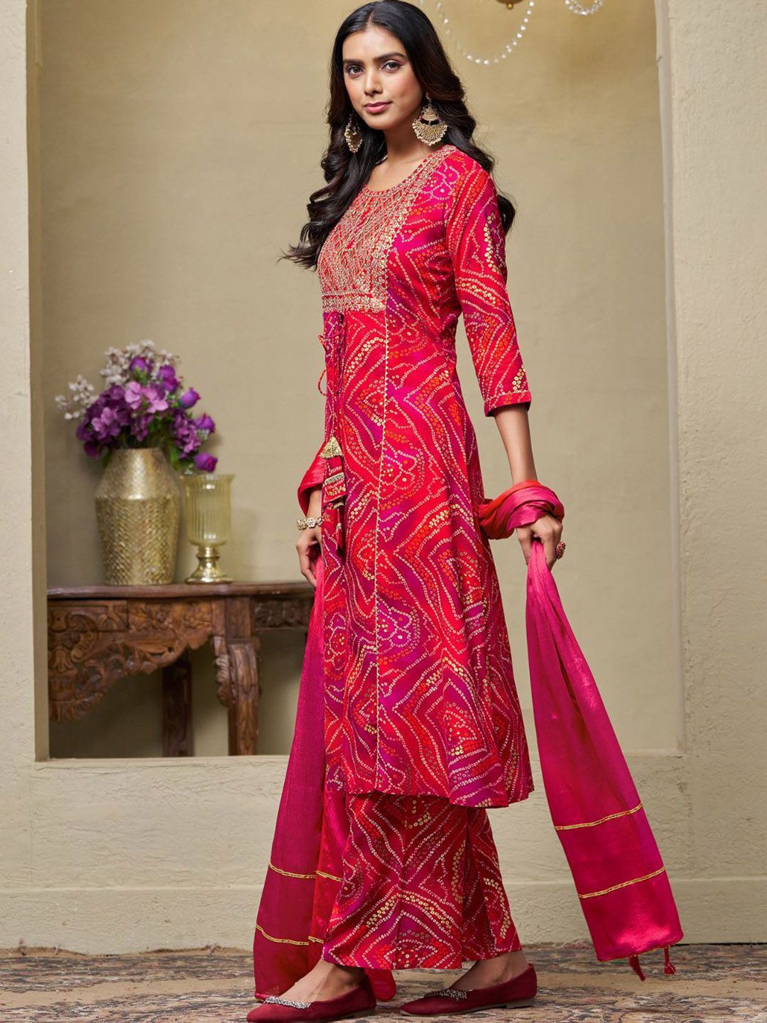 Dhiyona SN Women's Bandhani Printed Sequinned Kurta with Palazzo & Dupatta