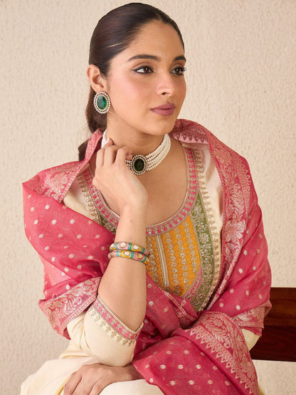 Dhiyona IE Women Ethnic Motifs Embroidered Regular Kurta with Trousers & With Dupatta