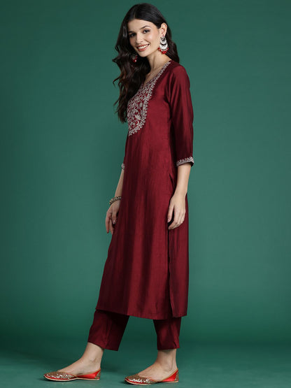 Dhiyona IE Floral Embroidered Zari Liva Kurta With Trousers & Dupatta