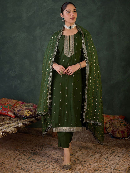 Dhiyona IE Women Ethnic Motifs Embroidered Kurta with Trousers & Dupatta