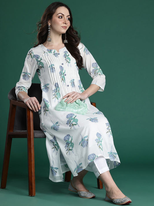 Dhiyona IE Floral Printed Pleated Pure Cotton Kurta with Trousers