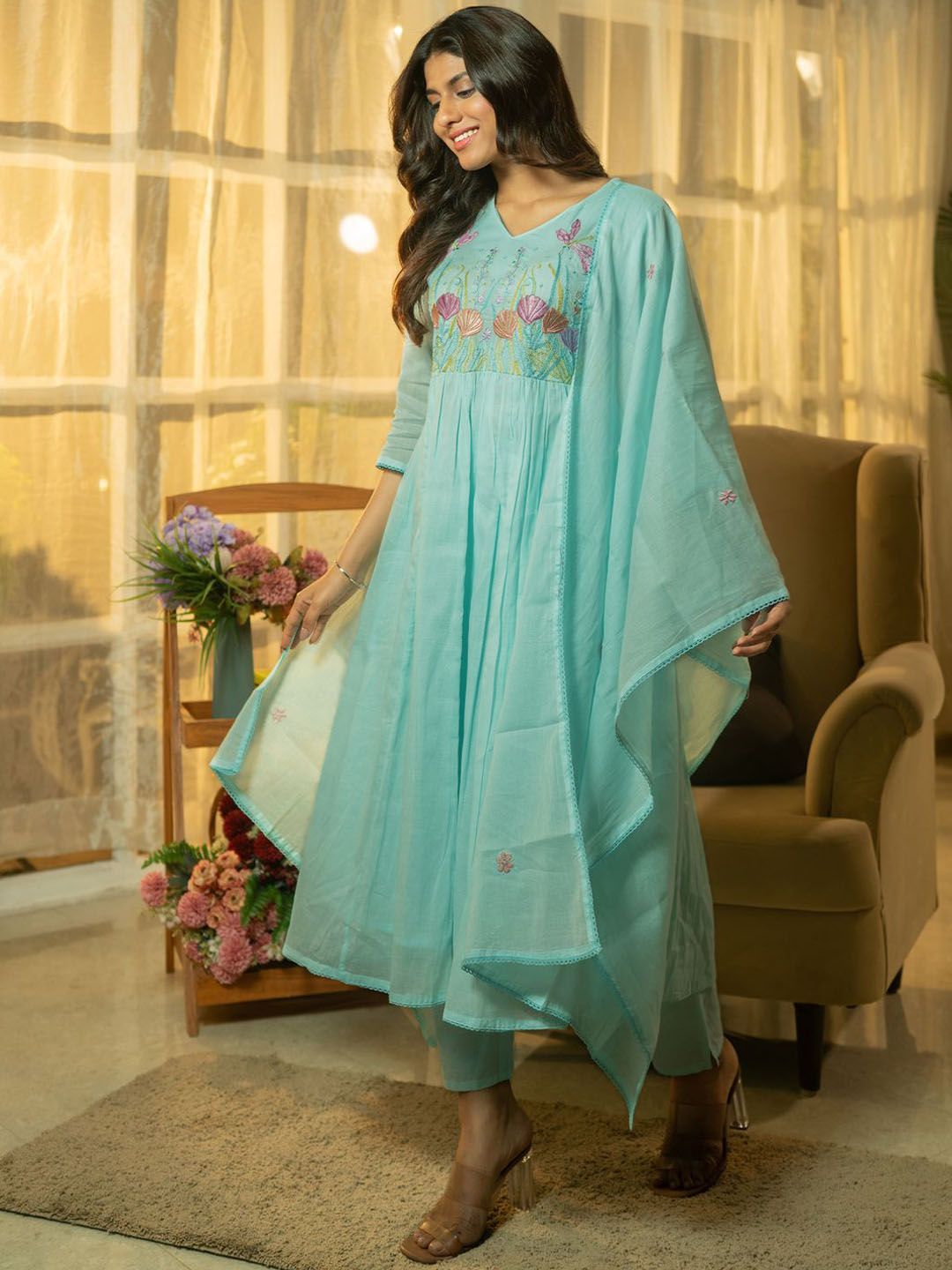 Floral Yoke Design Thread Work Pure Cotton A-Line Kurta With Trousers & Dupatta