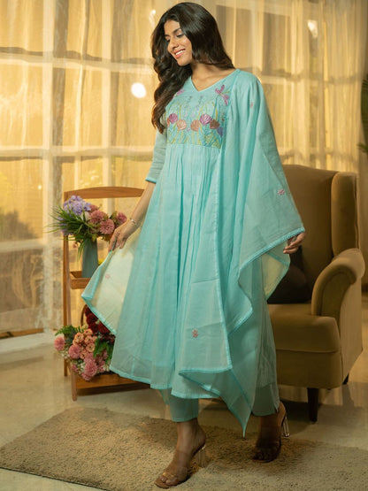 Floral Yoke Design Thread Work Pure Cotton A-Line Kurta With Trousers & Dupatta
