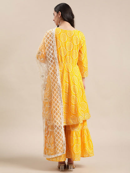 Dhiyona VA Women's Mustard And White Bandhej Printed Flared Kurti With Sharara With Dupatta.