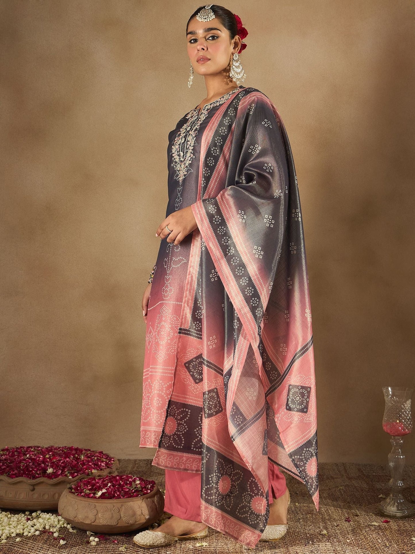 Dhiyona IE Floral Embroidered Embellished Notch Neck Straight Kurta with Trouser And Dupatta