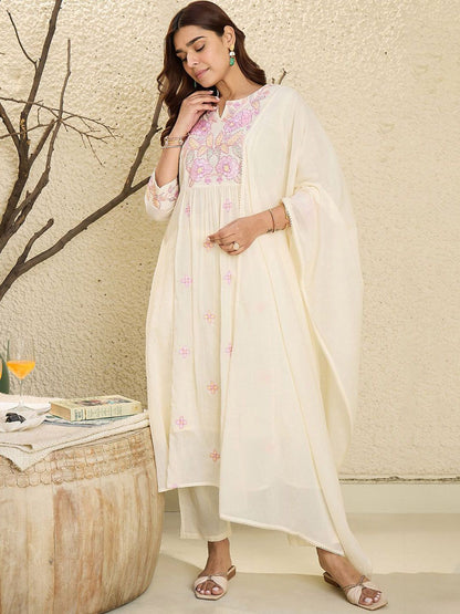 Floral Embroidered Mirror Work Pure Cotton A-Line Kurta With Trousers & Dupatta