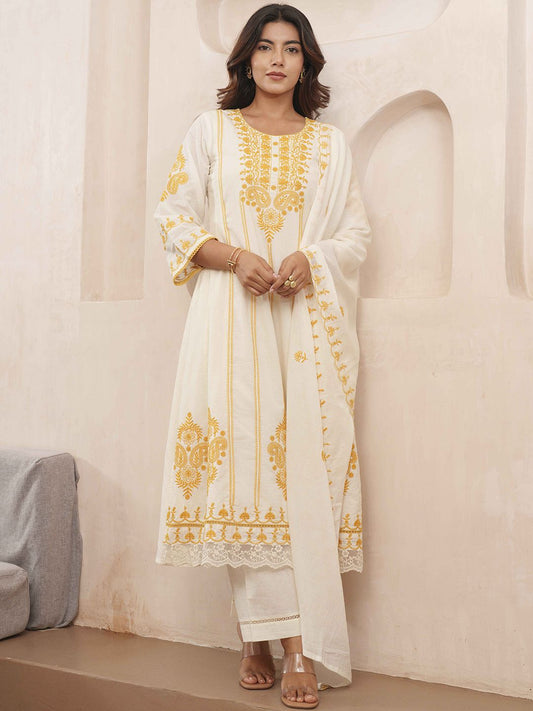 Dhiyona PD Women Floral Embroidered Pure Cotton Kurta & Trousers With Dupatta