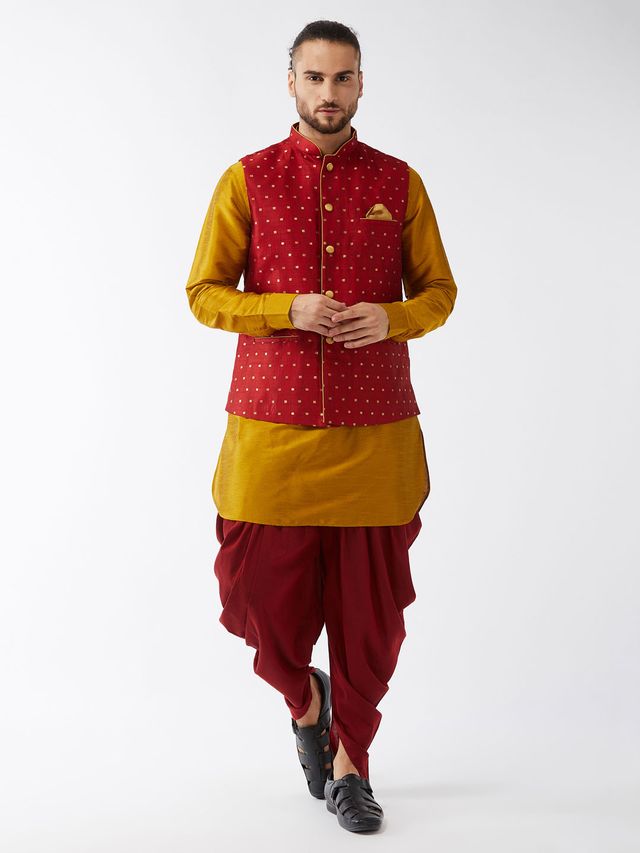 Men's Mustard Silk Blend Straight Jacket  Kurta and Dhoti Set
