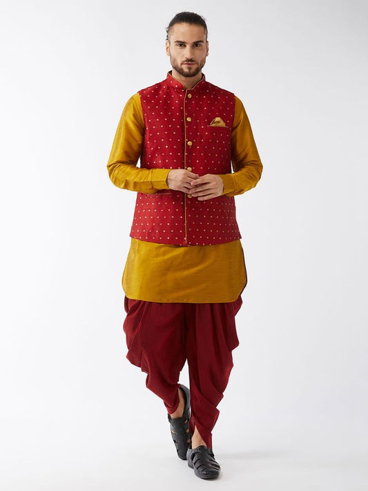Men's Mustard Silk Blend Straight Jacket  Kurta and Dhoti Set