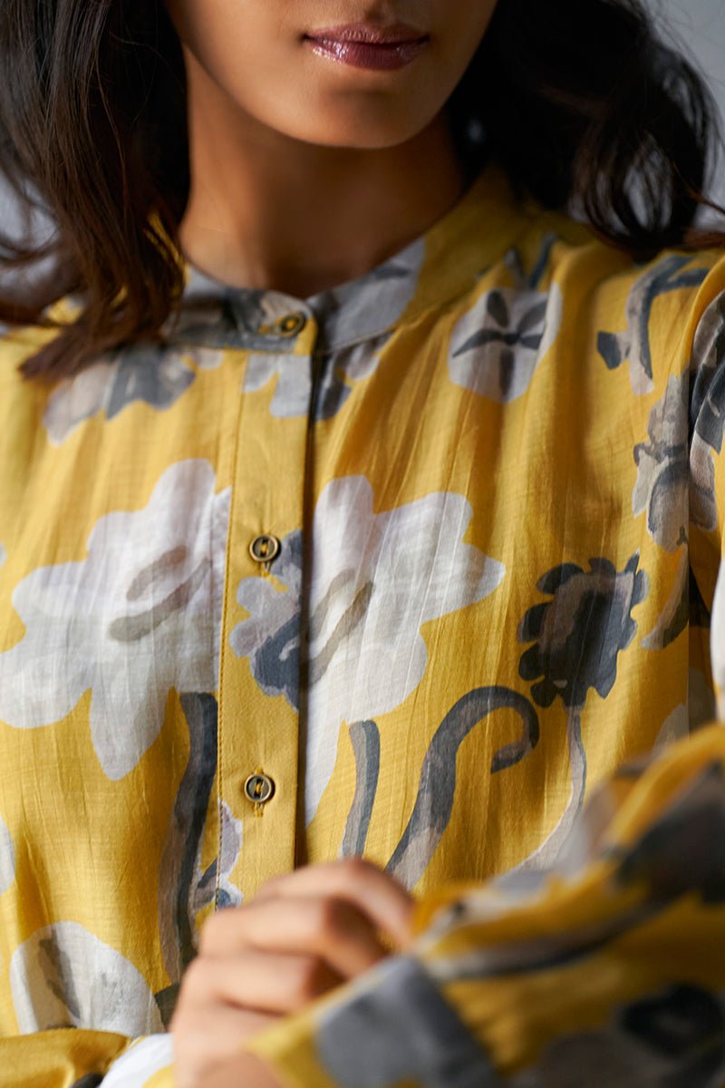 Women's Ceylon Yellow and Grey Bemberg Silk Printed Co-ord Set