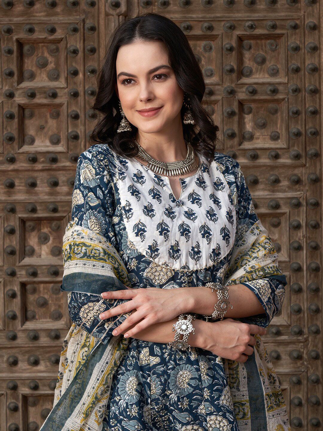 Dhiyona SN Women's Navy Blue Floral Printed Pure Cotton Anarkali Kurta With Trouser & Dupatta