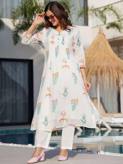 Floral Printed Pure Cotton Anarkali Kurta with Trousers