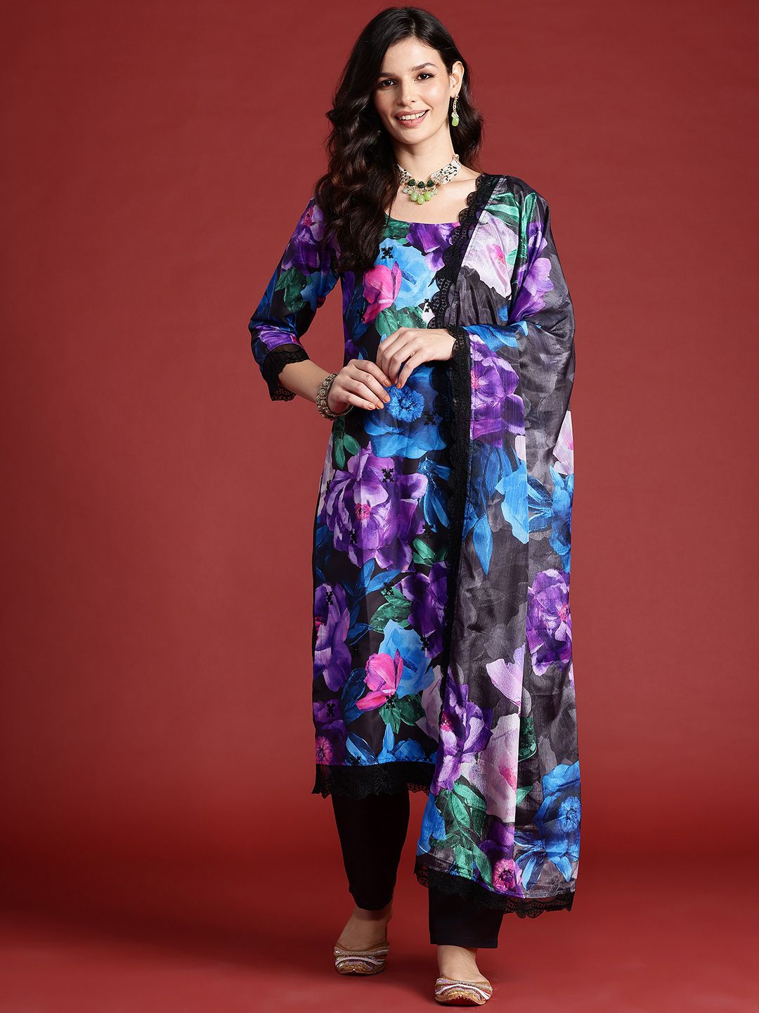 Floral Printed Sequinned Kurta With Trousers & Dupatta