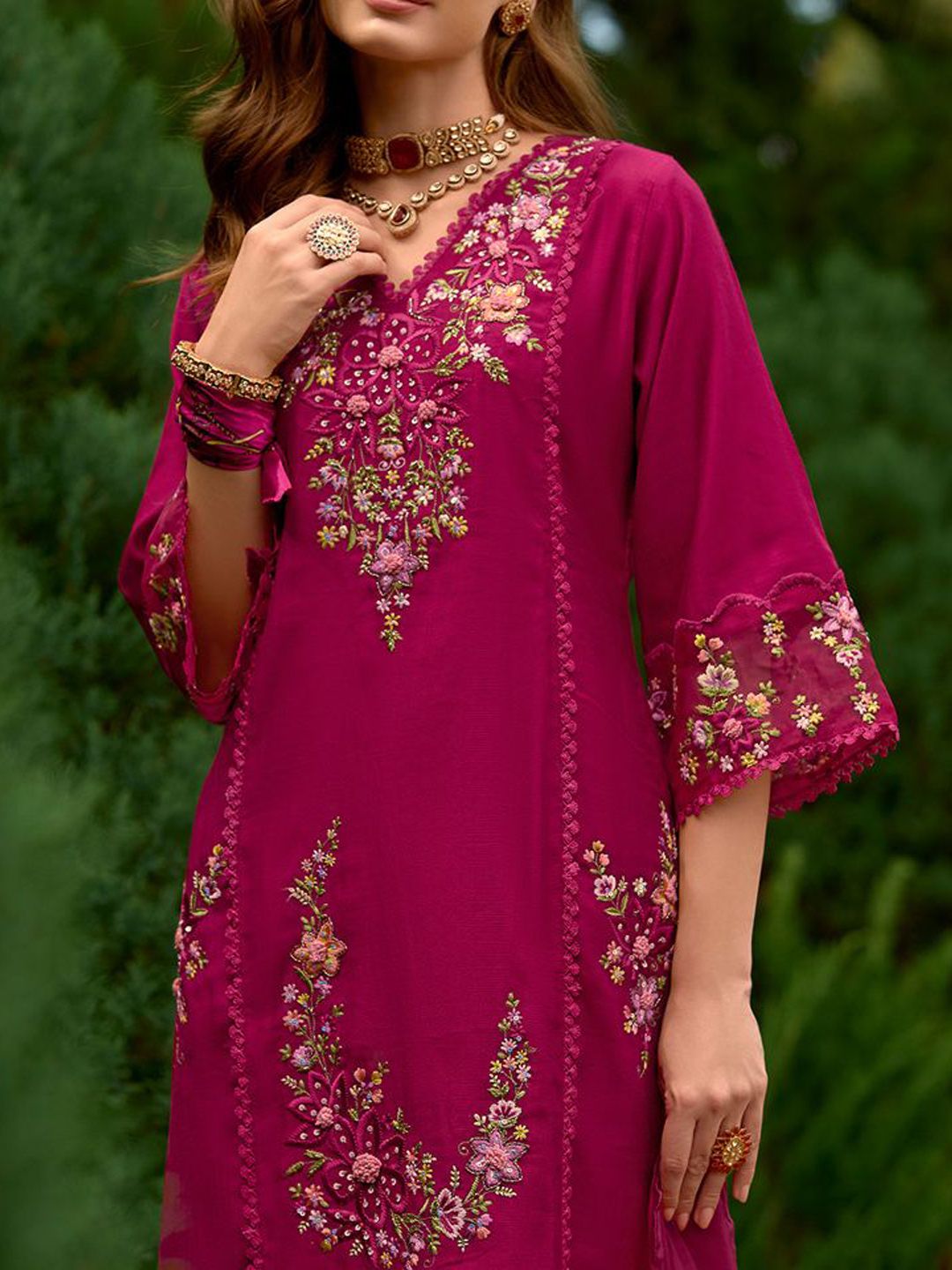 Women Floral Embroidered Panelled Sequinned Kurta with Trousers & With Dupatta