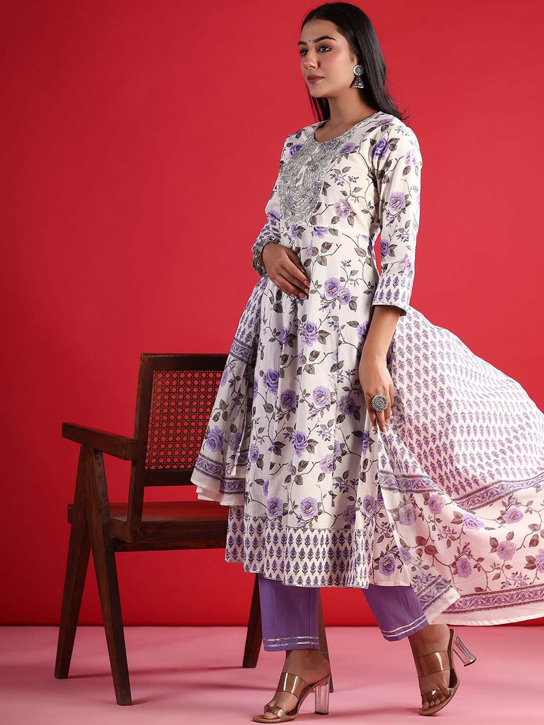 Dhiyona IE Floral Printed Thread Work Pure Cotton Kurta with Trouser & Dupatta