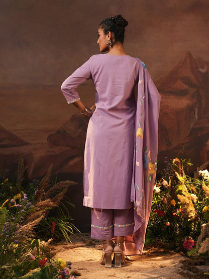 Dhiyona IS Women's Ethnic Motifs Embroidered Thread Work Pure Cotton Kurta with Trousers & Dupatta