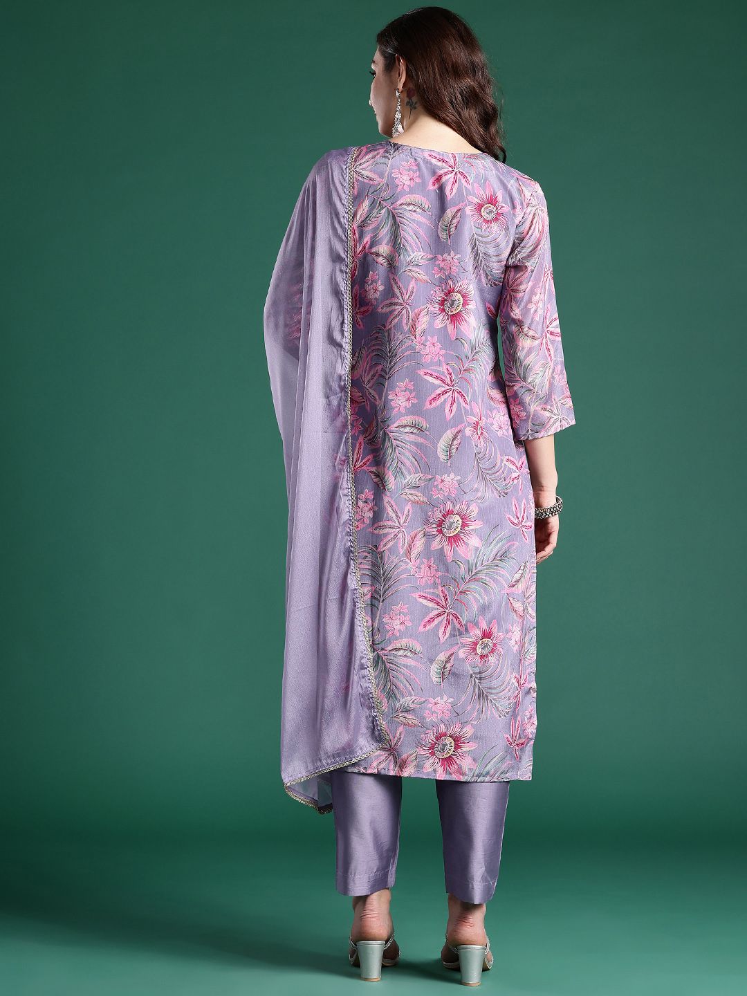 Women Floral Printed Regular Mirror Work Kurta with Trousers & With Dupatta