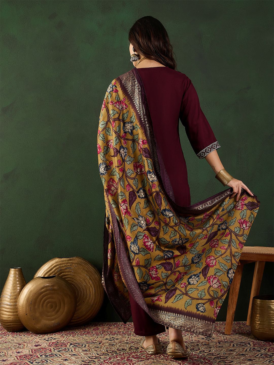 Dhiyona SN Women's Embroidered Straight Kurta With Trouser & Dupatta Set