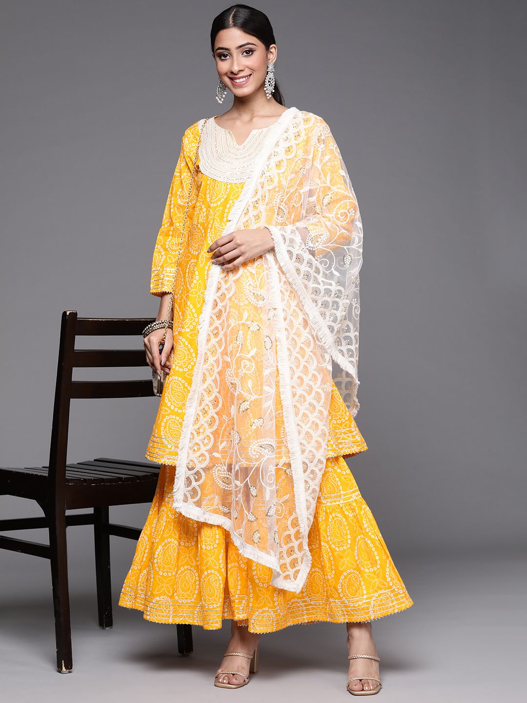 Dhiyona VA Women's Mustard Yellow Bandhani Printed Pure Cotton Kurta with Sharara & Dupatta
