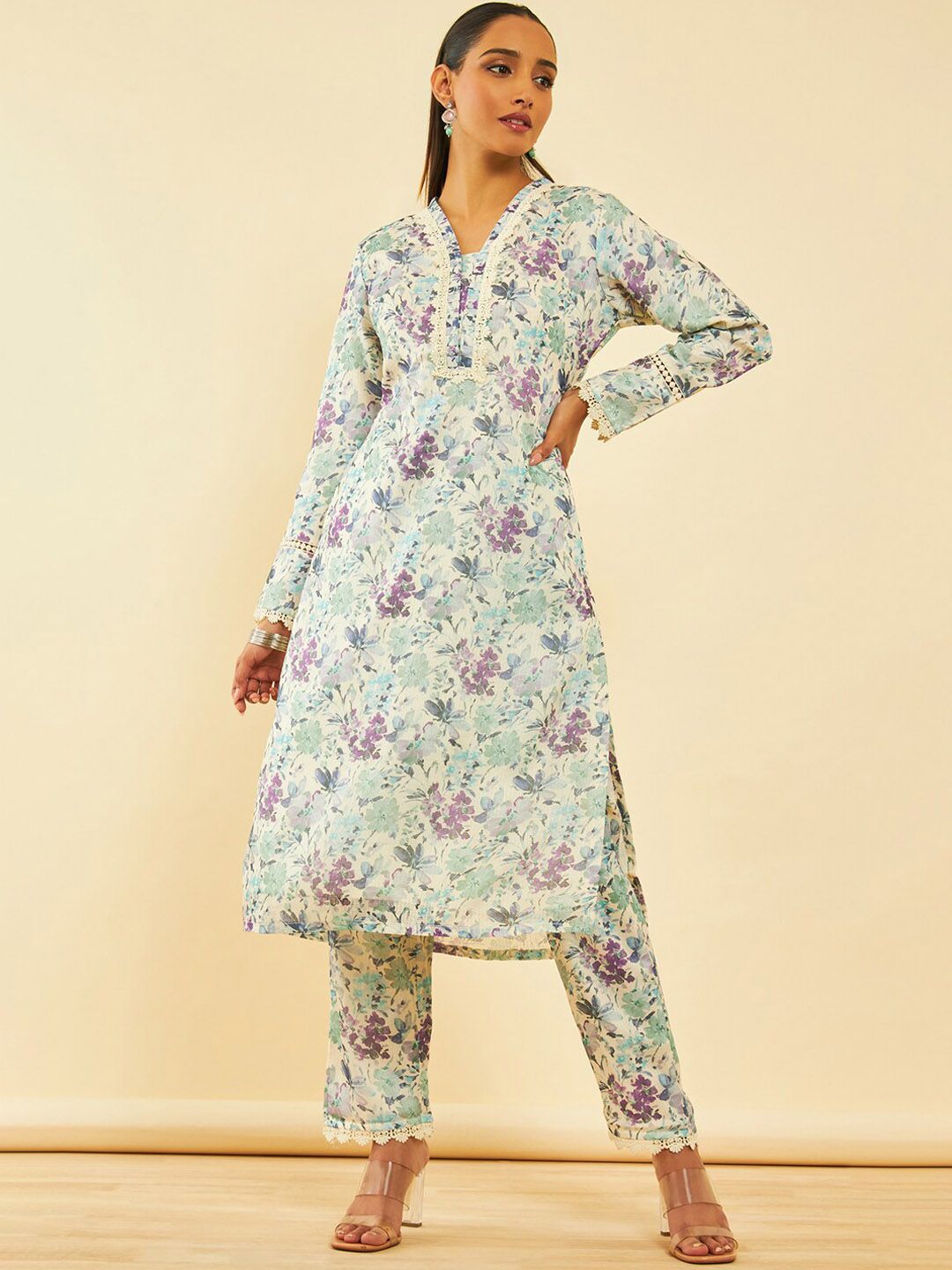 Dhiyona SO Women's Floral Printed Long Sleeves Straight Kurta With Trouser