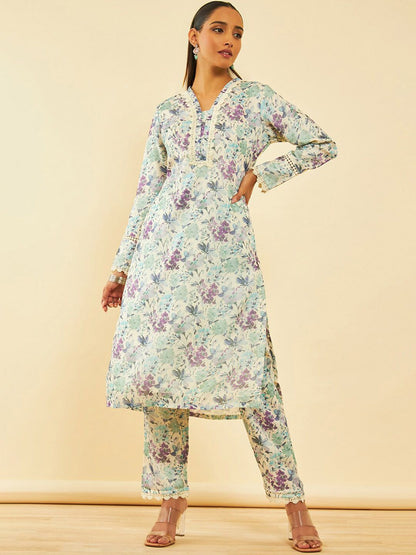 Dhiyona SO Women's Floral Printed Long Sleeves Straight Kurta With Trouser