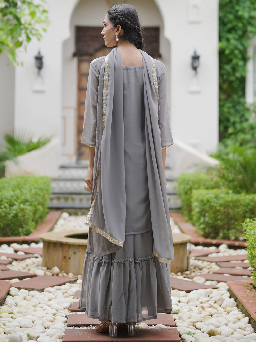 Dhiyona IE Floral Embroidered Kurta With Sharara & Dupatta