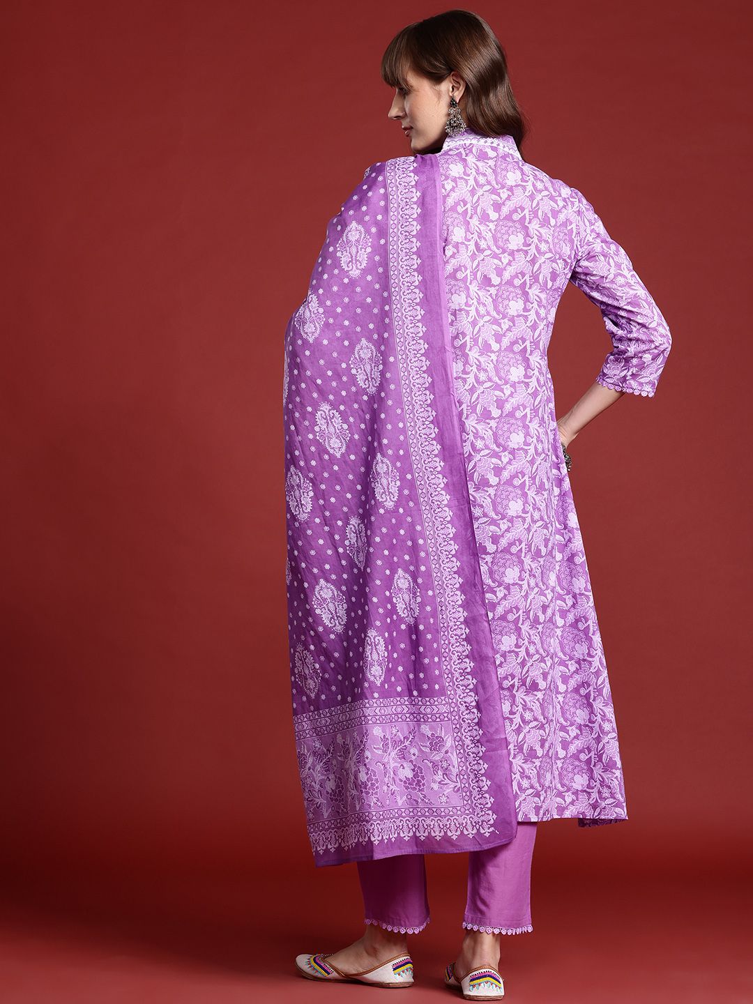 Floral Printed Pleated Pure Cotton Kurta With Trousers & Dupatta