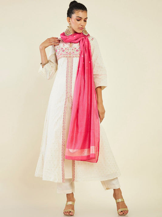 Dhiyona SO Women's Alina Cut Floral Embroidered Front Slit A-Line Pure Cotton Kurta with Trousers & Dupatta