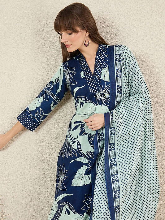 Dhiyona IE Women Floral Printed Cotton Kurta with Trousers & Dupatta