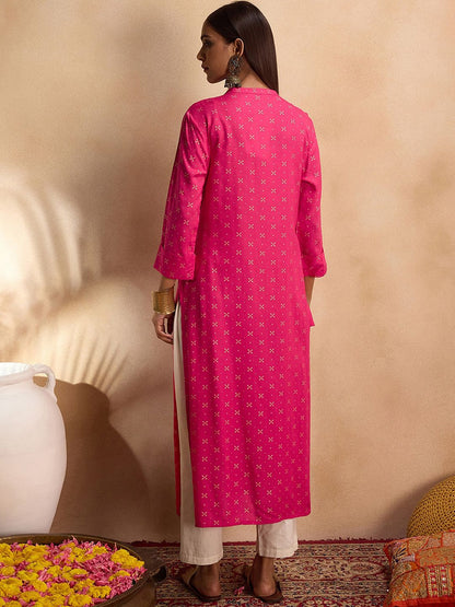 Dhiyona IE Ethnic Motifs Printed Mirror Work Straight Kurta
