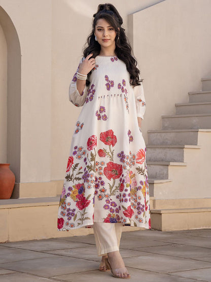 Dhiyona IE Floral Printed A-Line Sequinned Pure Cotton Kurta With Trousers