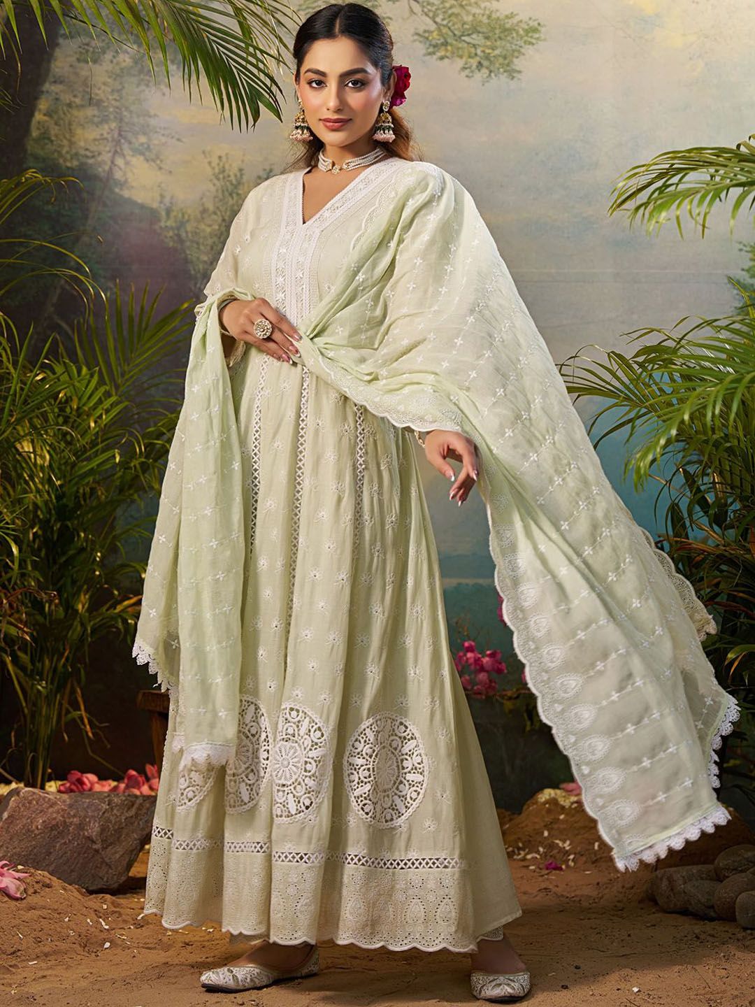 Floral Embroidered Pure Cotton Anarkali Kurta With Trousers & Dupatta