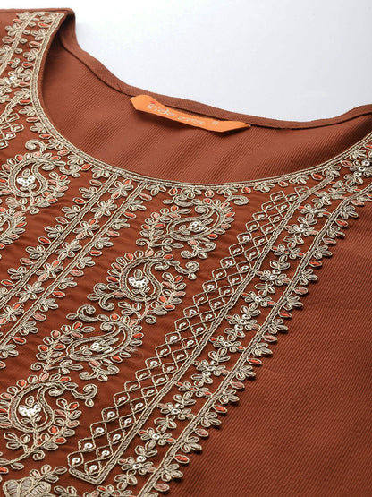 Dhiyona IE Ethnic Motifs Embroidered Sequinned Liva Kurta With Trousers & Dupatta