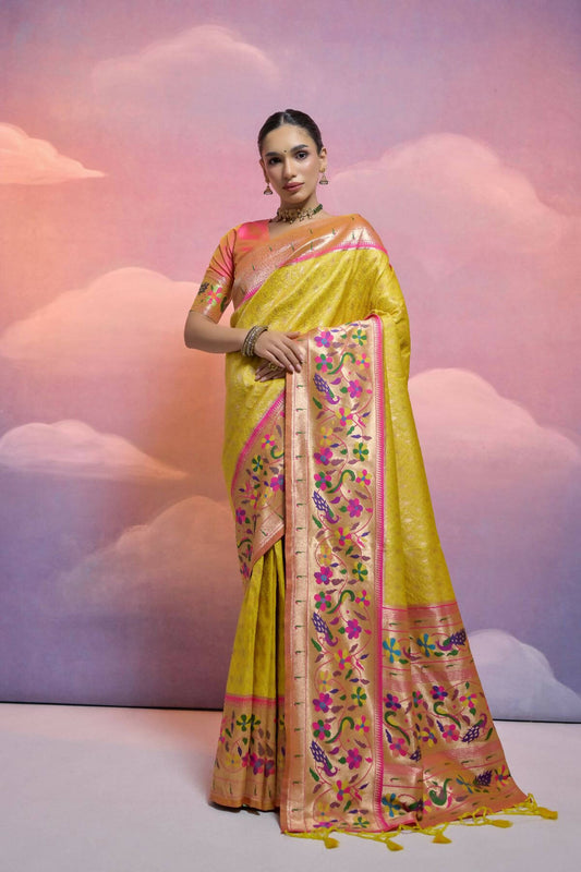 Women Paithani Vani Yellow Saree With Unstiched Blouse