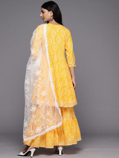 Dhiyona VA Women'sBandhani Printed Gotta Patti Pure Cotton Kurta With Sharara & With Dupatta