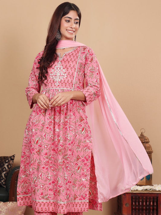 Dhiyona VA Women'sPink Floral Printed Pure Cotton Kurta with Trousers & With Dupatta