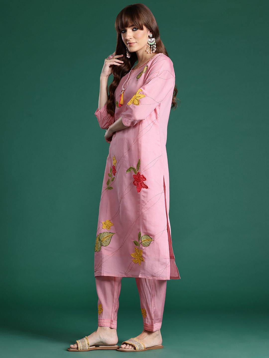 Floral Embroidered Sequinned Kurta with Trousers & Dupatta